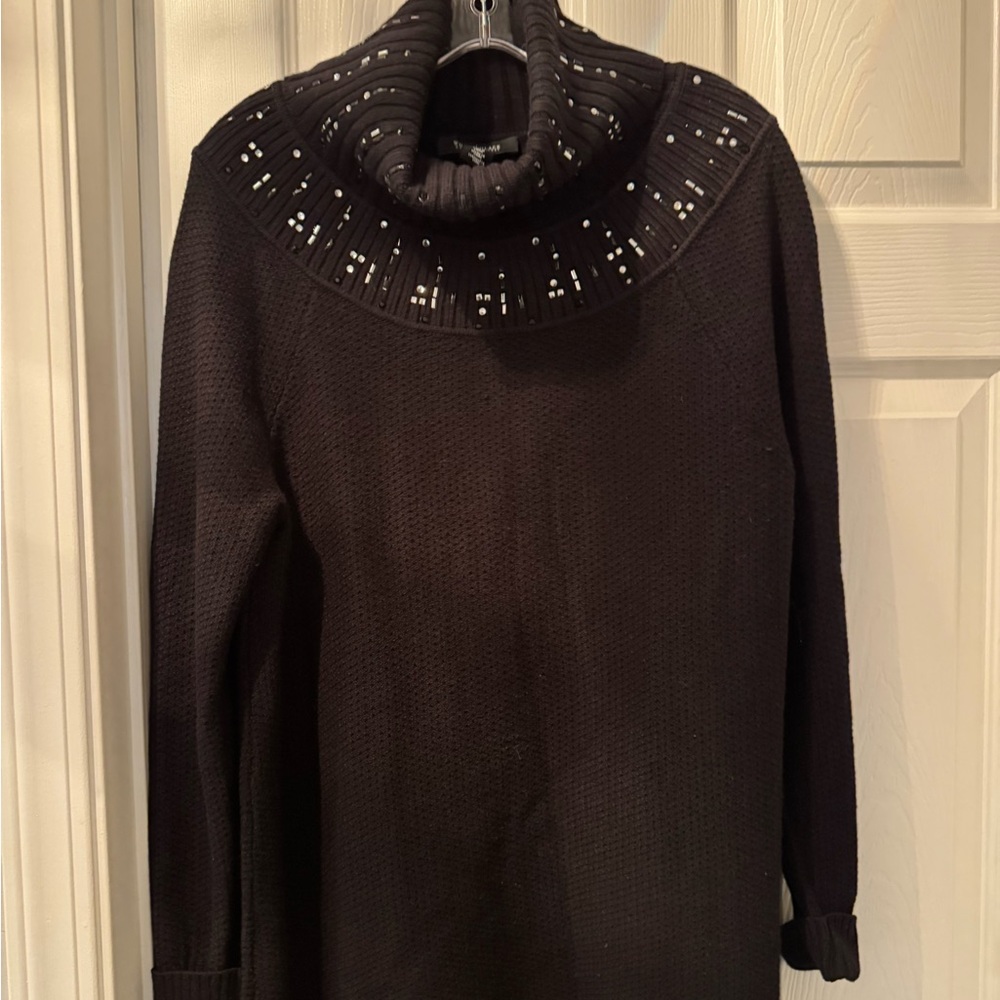 White House Black Market Sweater Tunic Black Turtleneck Rhinestone